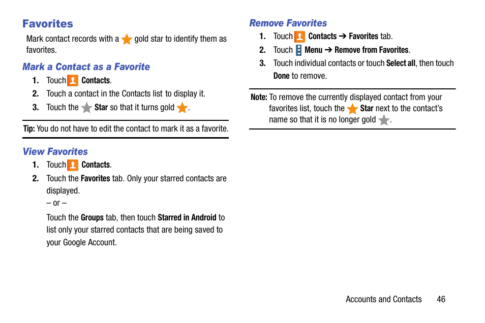 Favorites, Ntacts. for | Samsung SM-P905VZKAVZW User Manual | Page 52 / 158