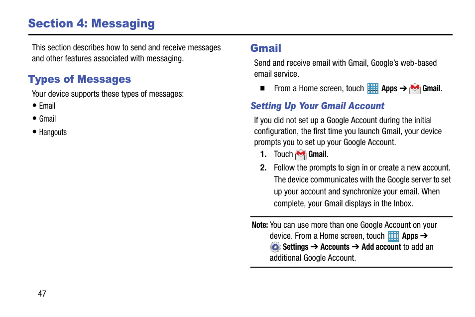 Section 4: messaging, Types of messages, Gmail | Types of messages gmail | Samsung SM-P905VZKAVZW User Manual | Page 53 / 158