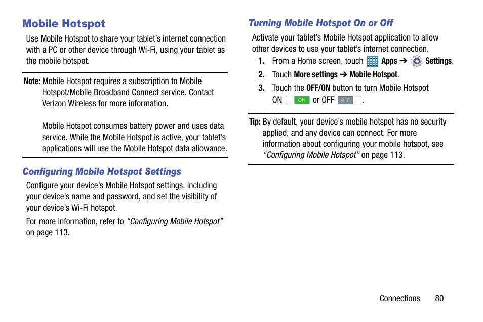 Mobile hotspot | Samsung SM-P905VZKAVZW User Manual | Page 86 / 158