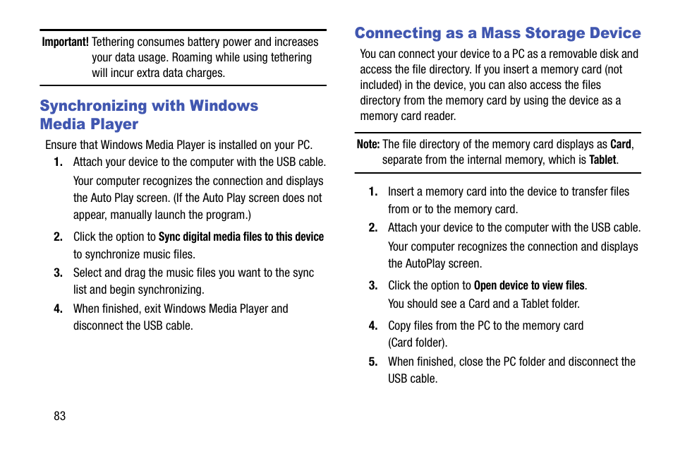 Synchronizing with windows media player, Connecting as a mass storage device | Samsung SM-P905VZKAVZW User Manual | Page 89 / 158