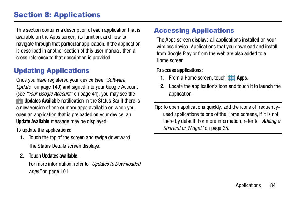 Section 8: applications, Updating applications, Accessing applications | Updating applications accessing applications | Samsung SM-P905VZKAVZW User Manual | Page 90 / 158