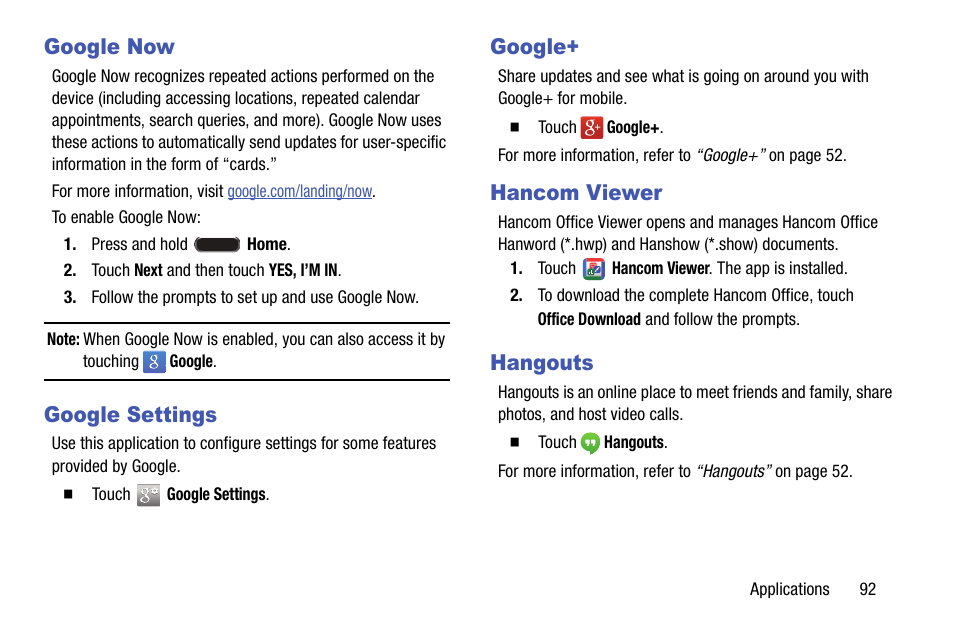 Google now, Google settings, Google | Hancom viewer, Hangouts | Samsung SM-P905VZKAVZW User Manual | Page 98 / 158