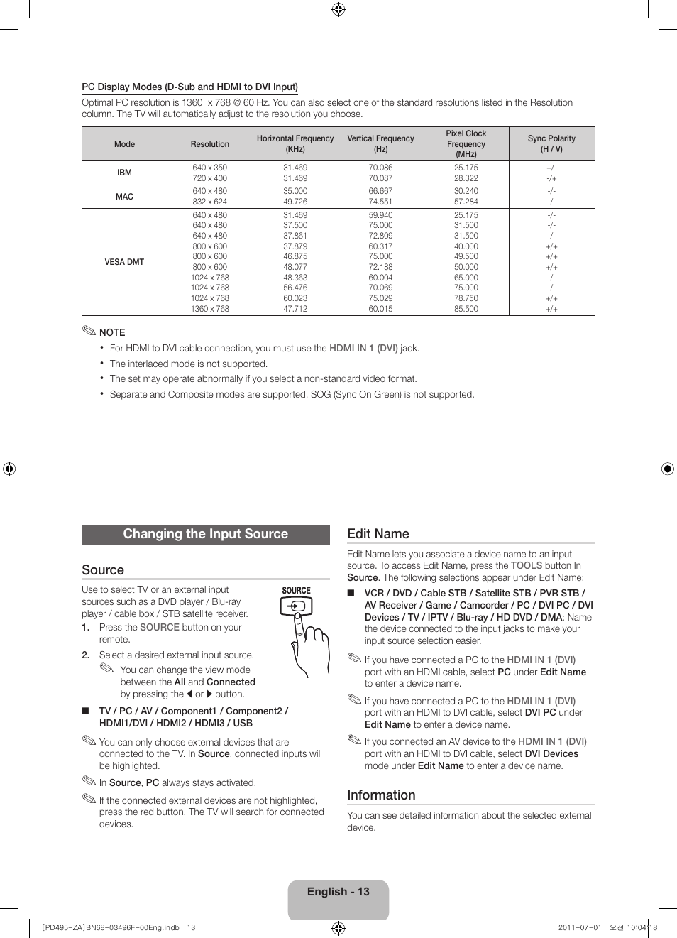 Changing the input source source, Edit name, Information | Samsung PN51D495A6DXZA User Manual | Page 13 / 21