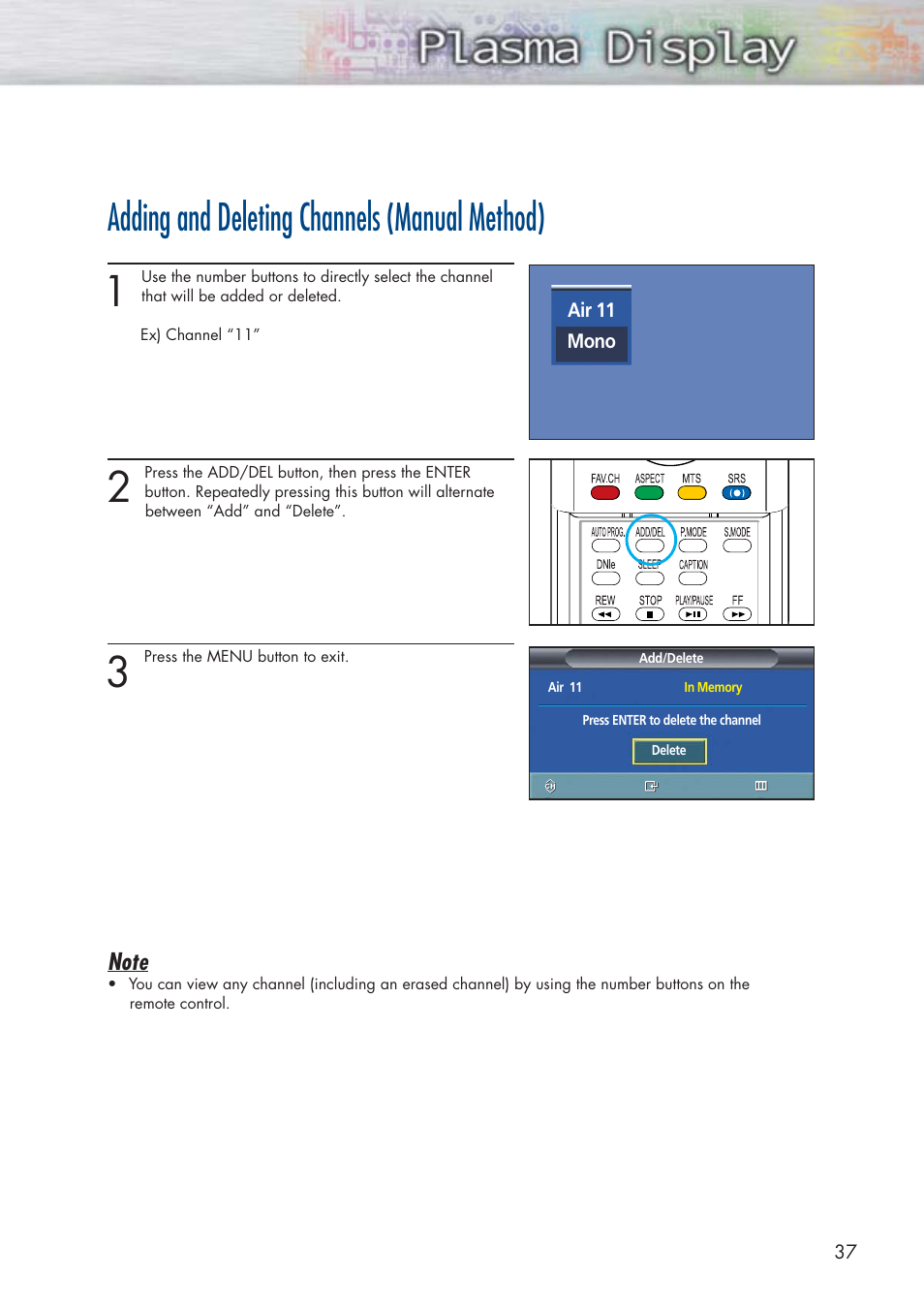 Adding and deleting channels (manual method) | Samsung HPP5091X-XAA User Manual | Page 37 / 84