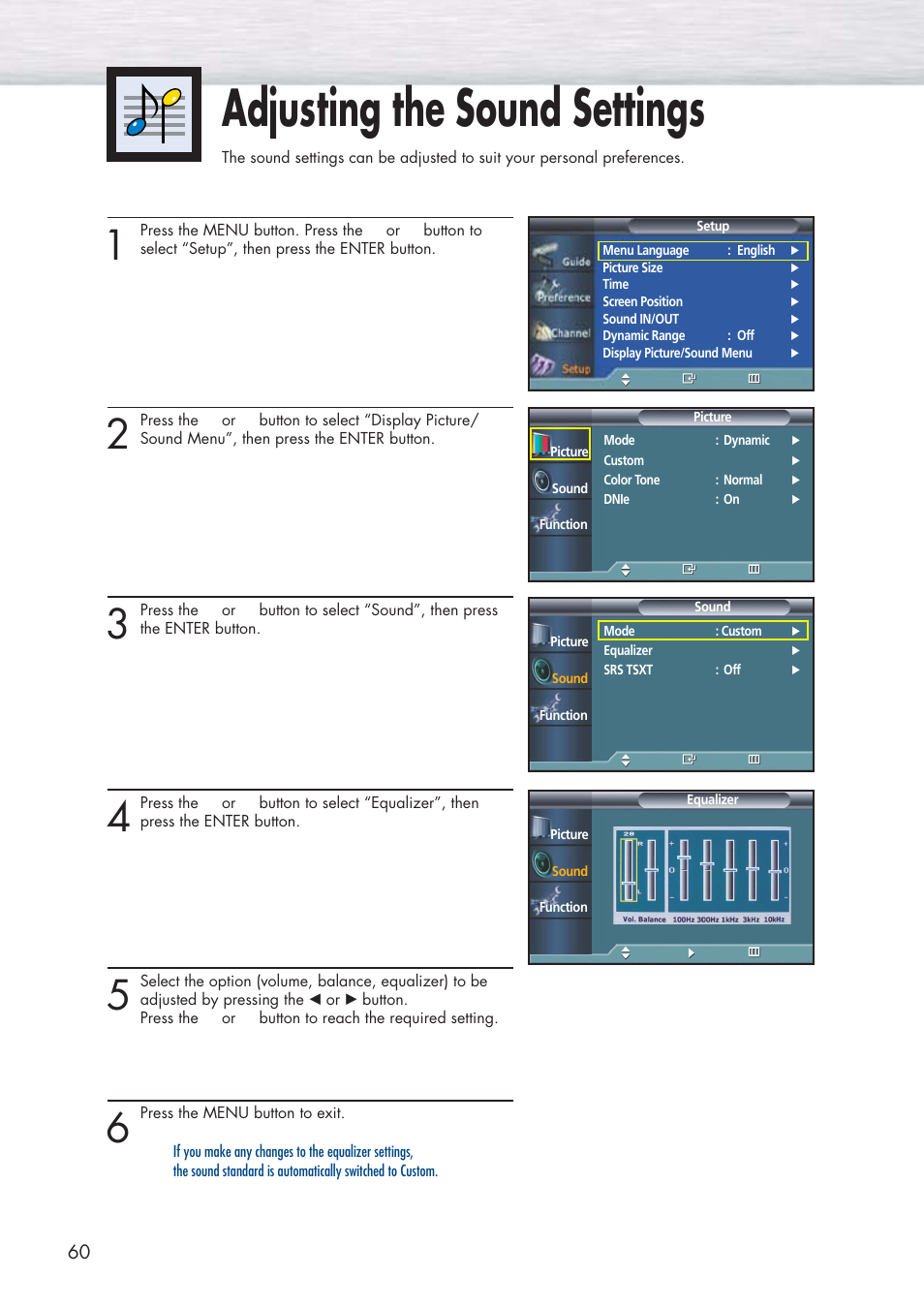 Adjusting the sound settings | Samsung HPP5091X-XAA User Manual | Page 60 / 84