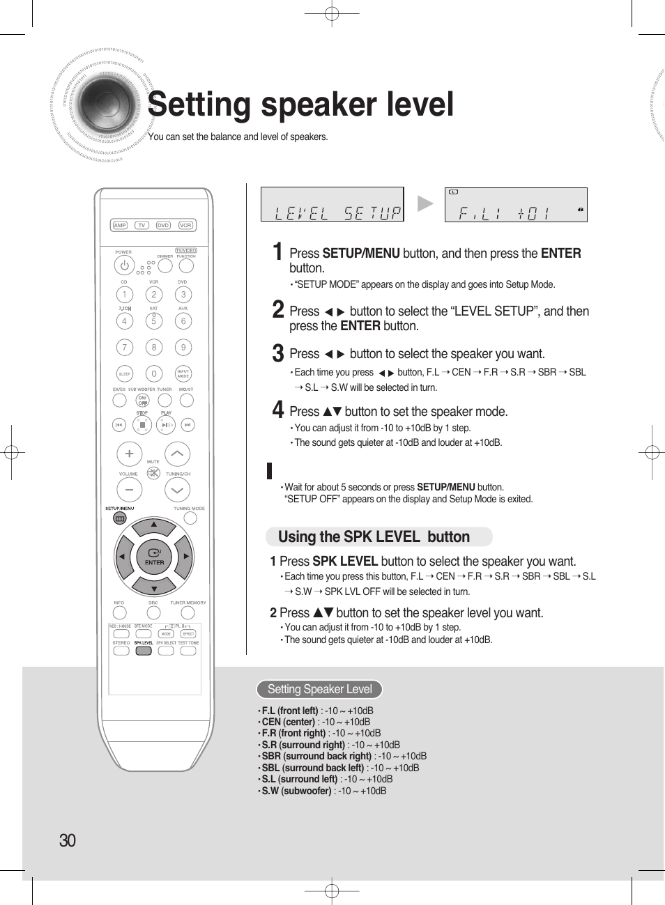 Dolby pro logic llx mode, Setting speaker level, Using the spk level button | Samsung HT-AS720ST-XAA User Manual | Page 30 / 52