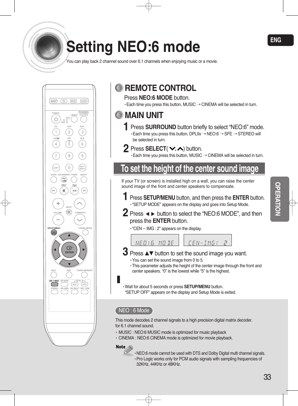 Setting ex/es mode, Setting neo:6 mode, Remote control | Main unit | Samsung HT-AS720ST-XAA User Manual | Page 33 / 52