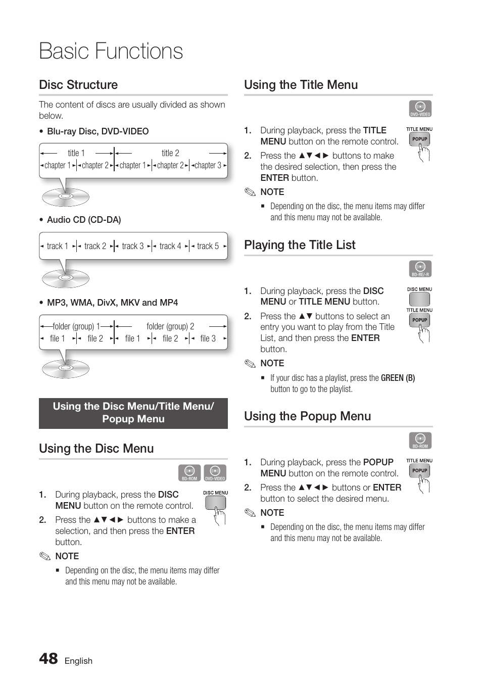 Disc structure, Using the disc menu/title menu/ popup menu, Using the disc menu | Using the title menu, Playing the title list, Using the popup menu, 48 using the disc menu/title menu/popup menu, Basic functions | Samsung BD-D6700-ZA User Manual | Page 48 / 83