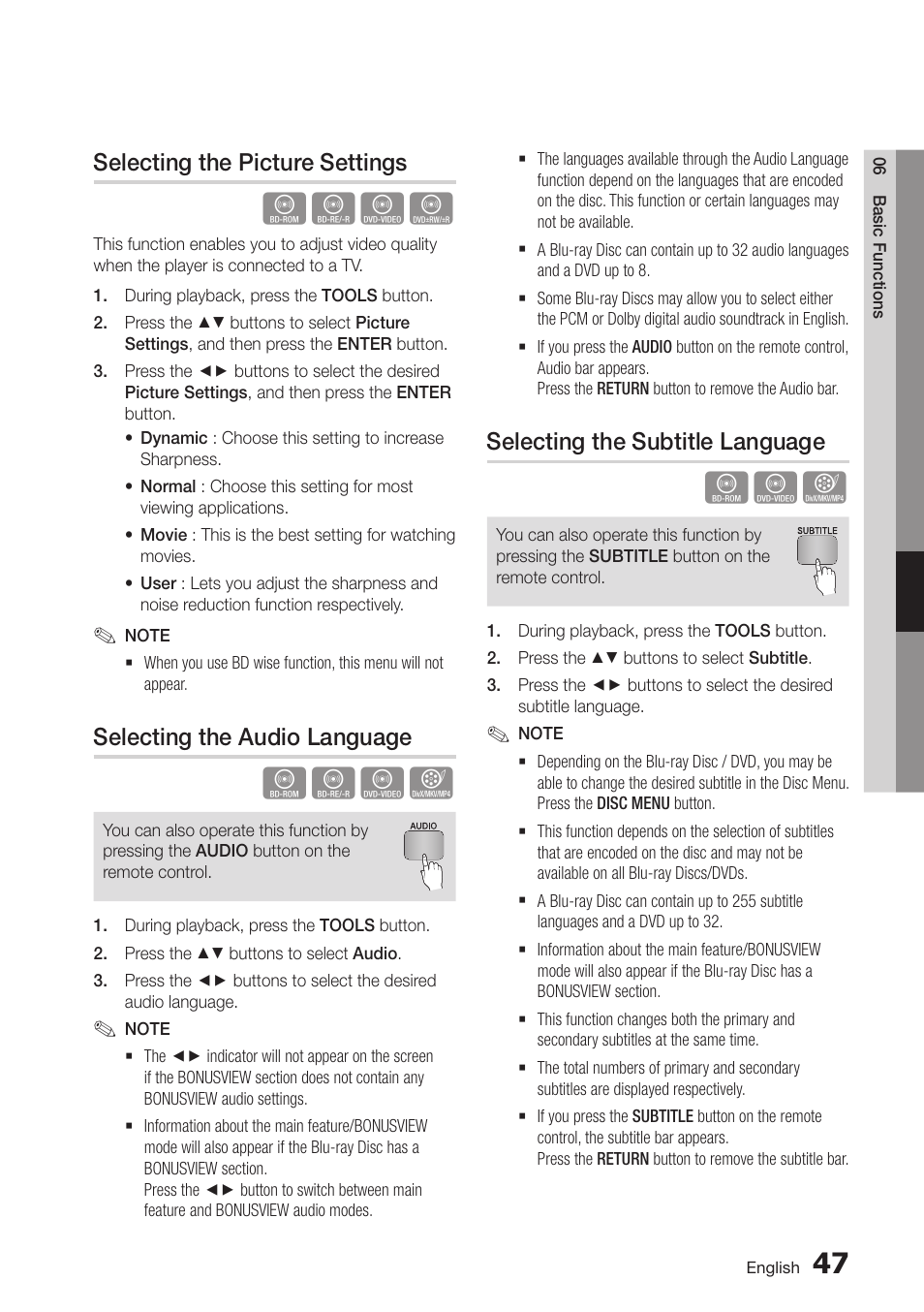 Selecting the picture settings, Selecting the audio language, Selecting the subtitle language | Samsung BD-D6700-ZA User Manual | Page 51 / 83