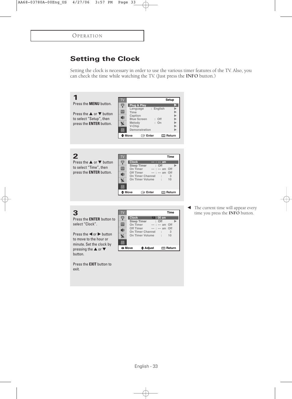 Setting the clock, P e r at i o n, English - 33 | Samsung TXS2040X-XAC User Manual | Page 33 / 60