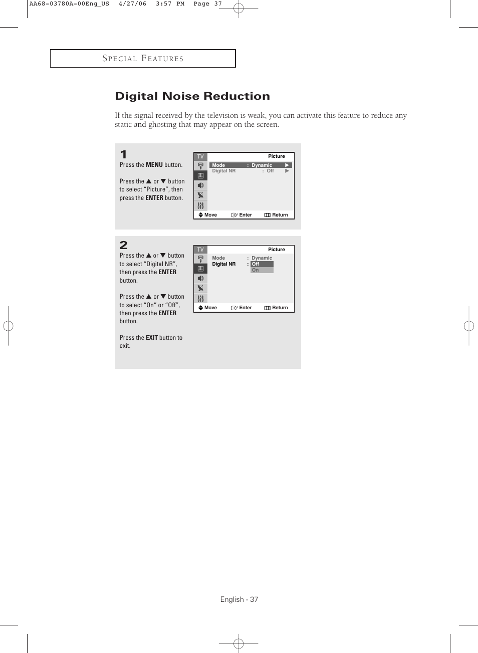 Digital noise reduction | Samsung TXS2040X-XAC User Manual | Page 37 / 60