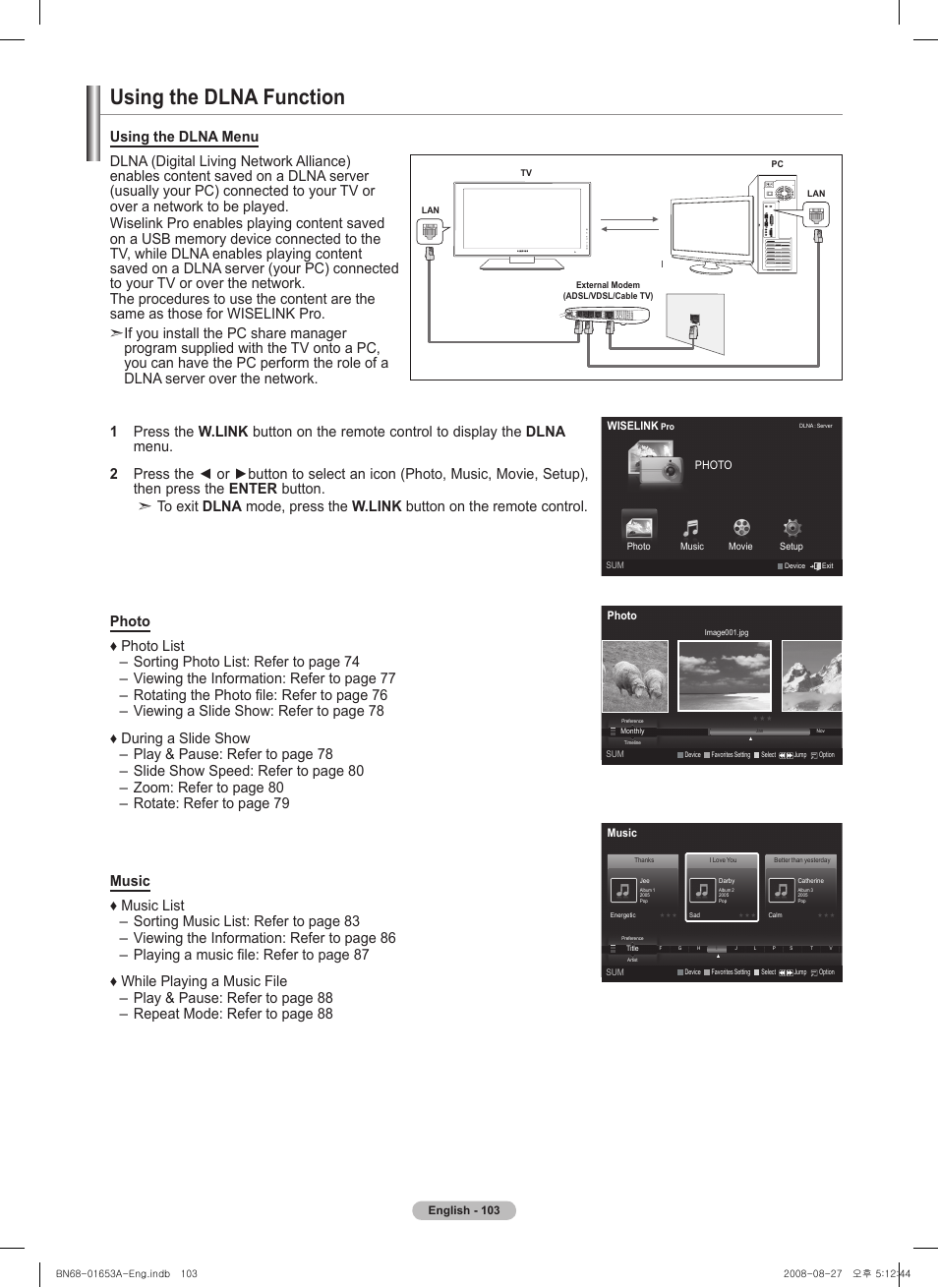Using the dlna function | Samsung PN63A760T1FXZA User Manual | Page 103 / 282