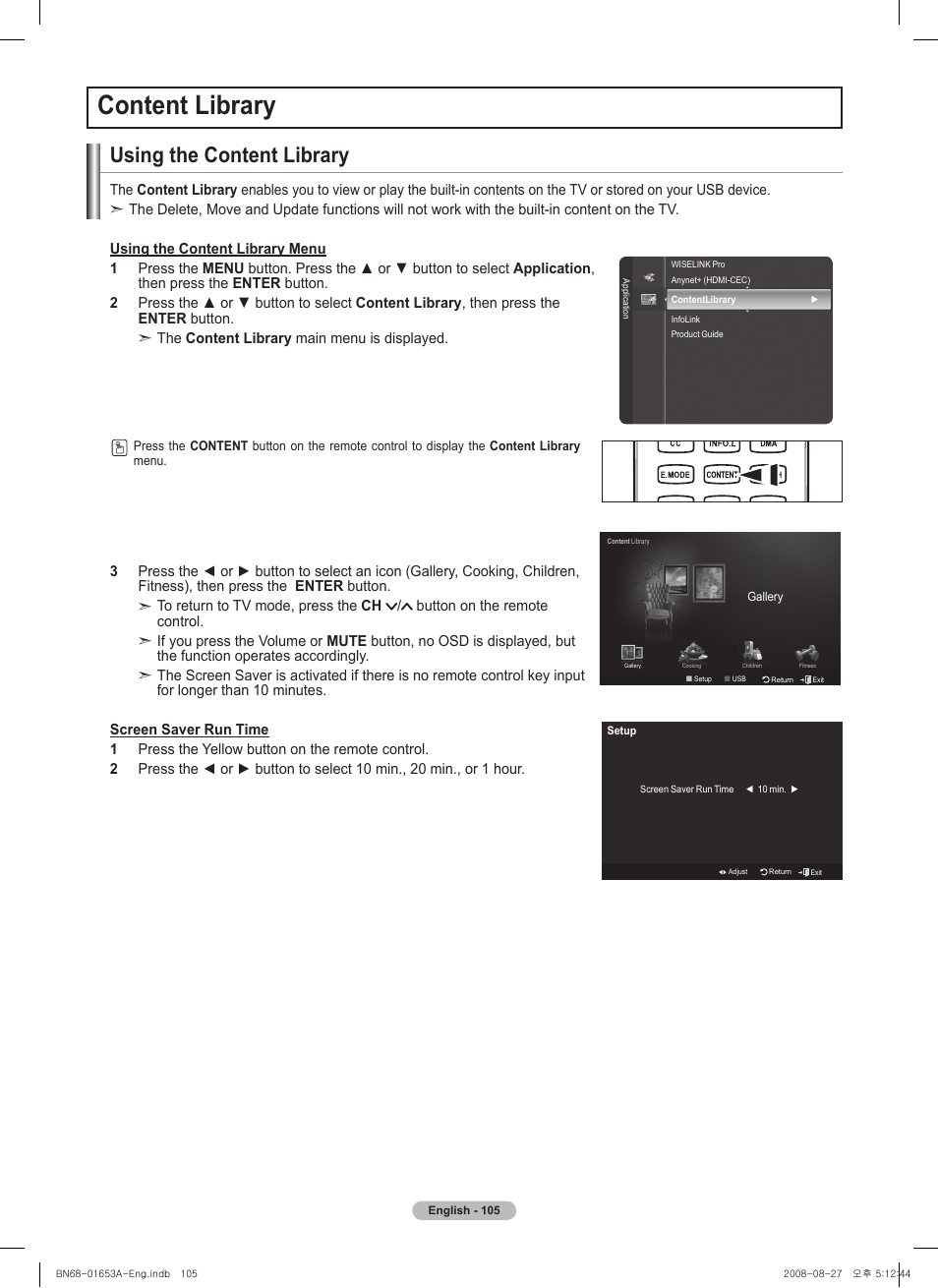 Content library, Using the content library | Samsung PN63A760T1FXZA User Manual | Page 105 / 282