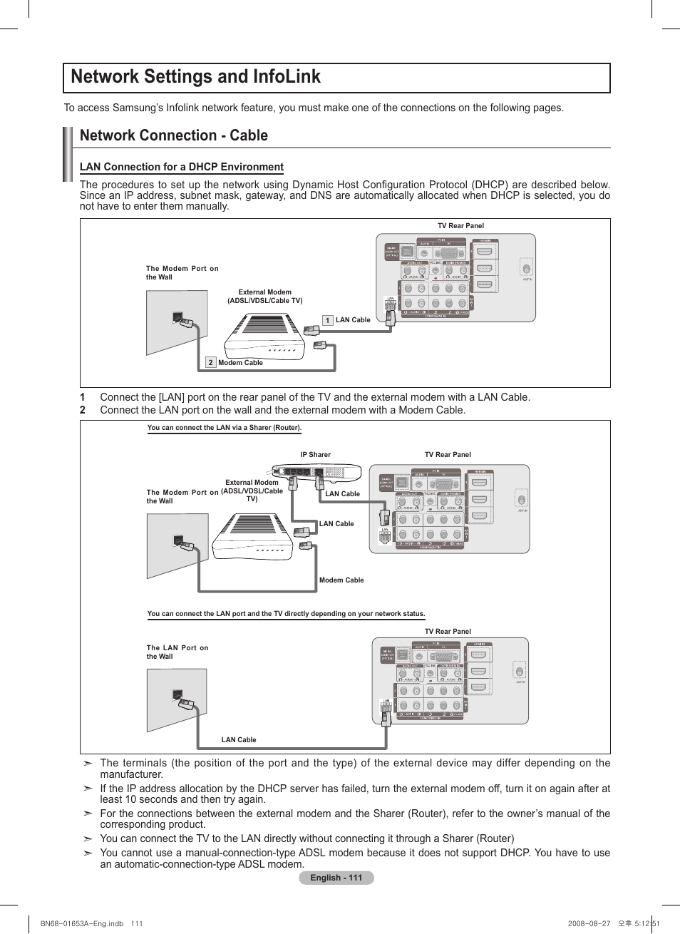 Network settings and infolink, Network connection - cable | Samsung PN63A760T1FXZA User Manual | Page 111 / 282