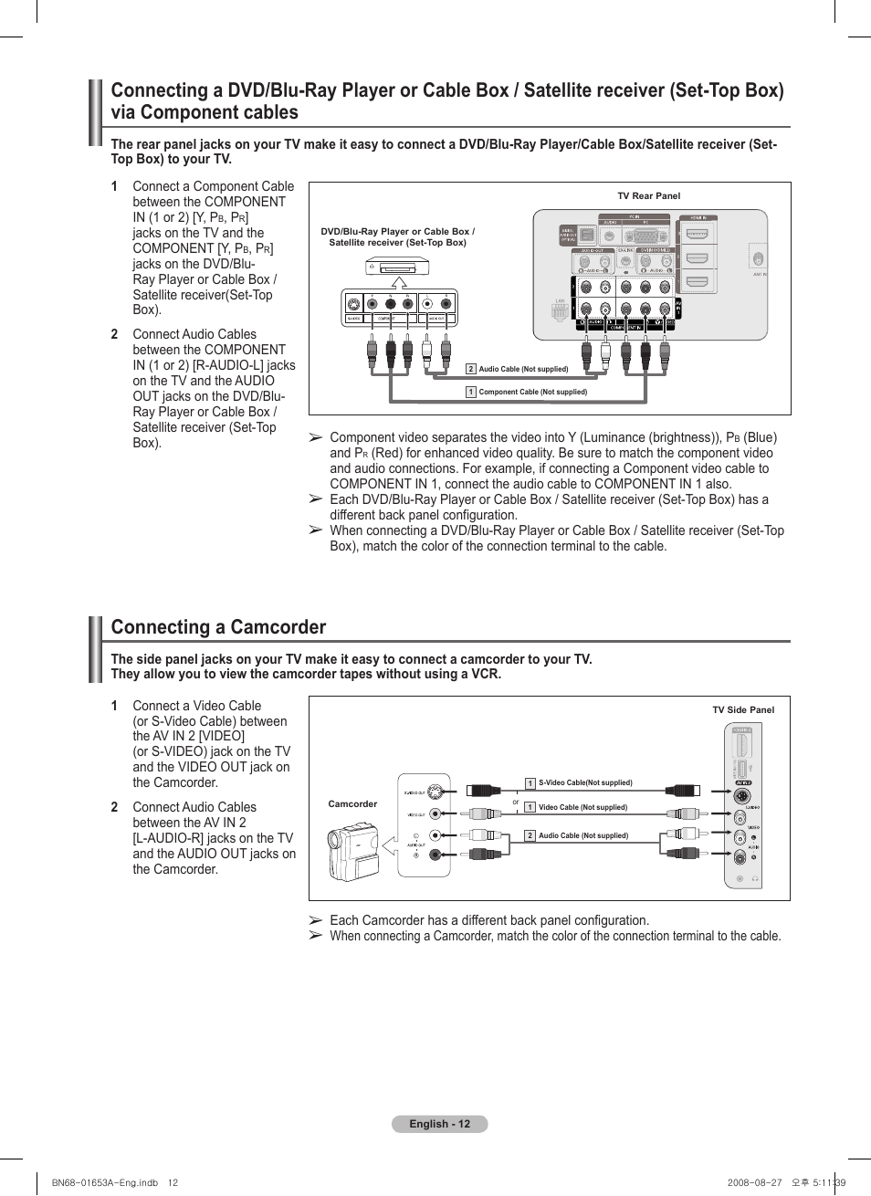 Connecting a camcorder | Samsung PN63A760T1FXZA User Manual | Page 12 / 282