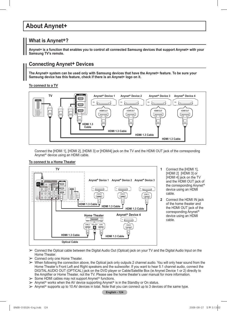 About anynet, What is anynet, Connecting anynet+ devices | Samsung PN63A760T1FXZA User Manual | Page 124 / 282