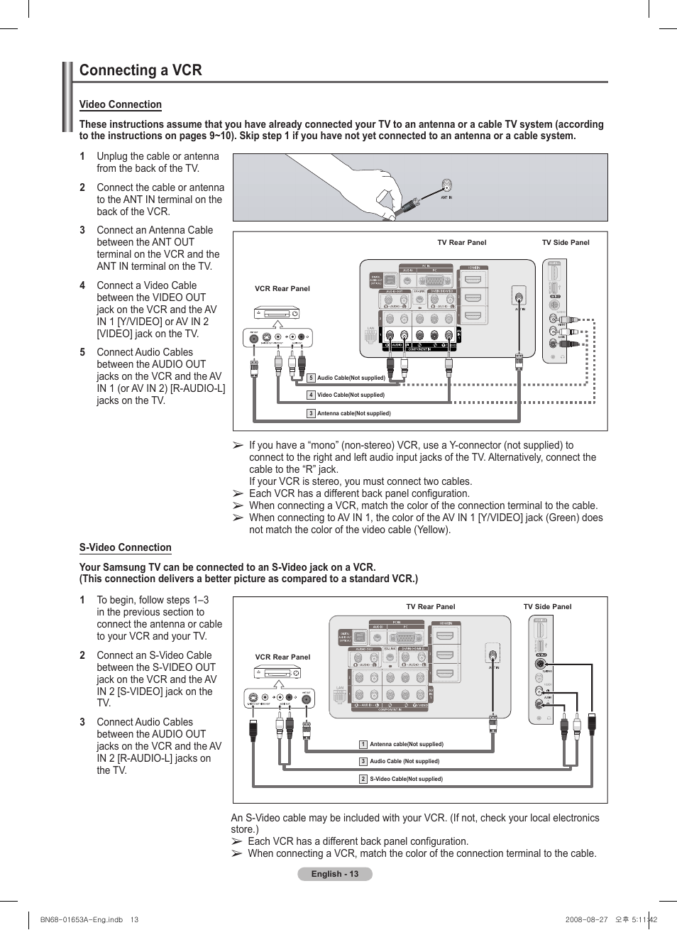Connecting a vcr | Samsung PN63A760T1FXZA User Manual | Page 13 / 282
