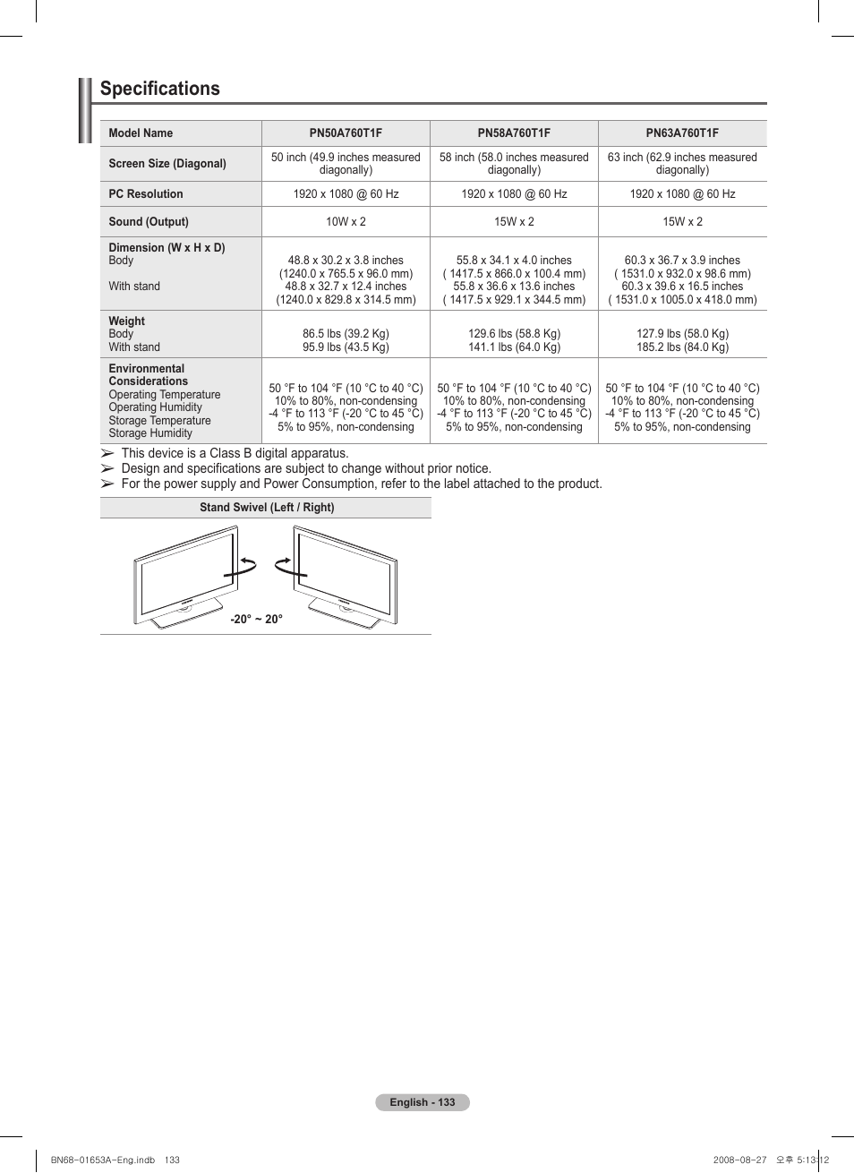 Specifications | Samsung PN63A760T1FXZA User Manual | Page 133 / 282