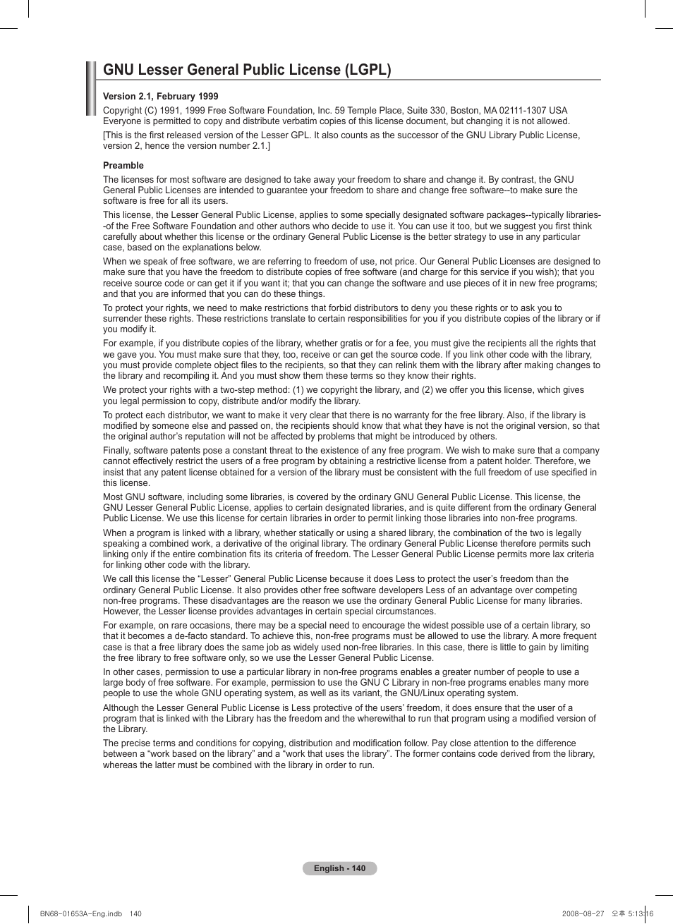 Gnu lesser general public license (lgpl) | Samsung PN63A760T1FXZA User Manual | Page 140 / 282