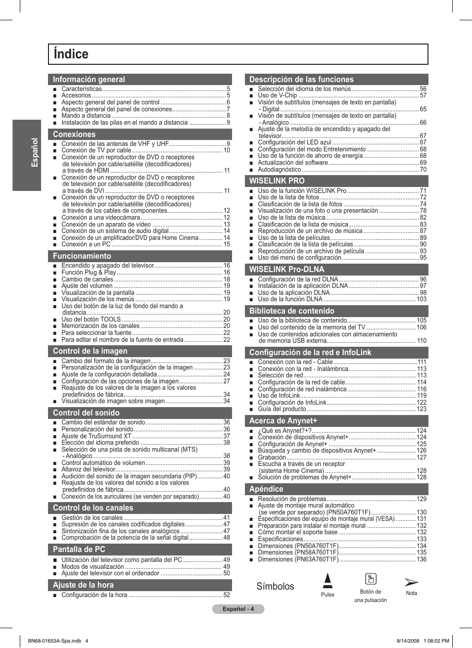 Índice, Símbolos | Samsung PN63A760T1FXZA User Manual | Page 148 / 282