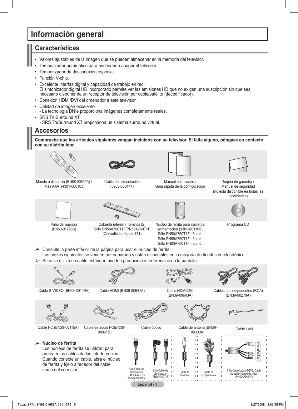 Información general, Características, Accesorios | Samsung PN63A760T1FXZA User Manual | Page 149 / 282