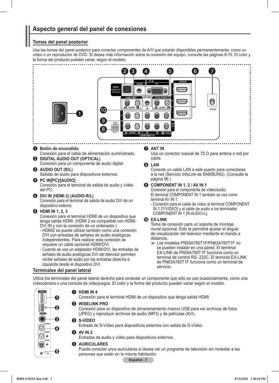 Aspecto general del panel de conexiones | Samsung PN63A760T1FXZA User Manual | Page 151 / 282