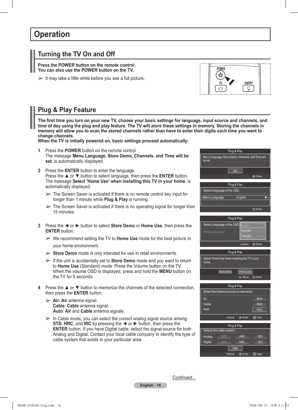 Operation, Turning the tv on and off, Plug & play feature | Samsung PN63A760T1FXZA User Manual | Page 16 / 282