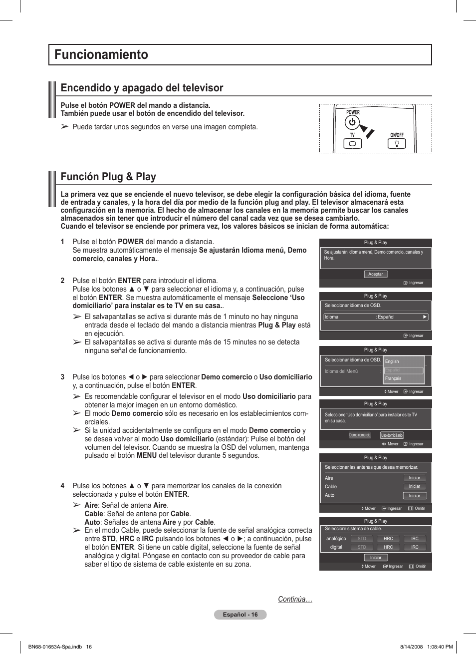 Funcionamiento, Encendido y apagado del televisor, Función plug & play | Samsung PN63A760T1FXZA User Manual | Page 160 / 282