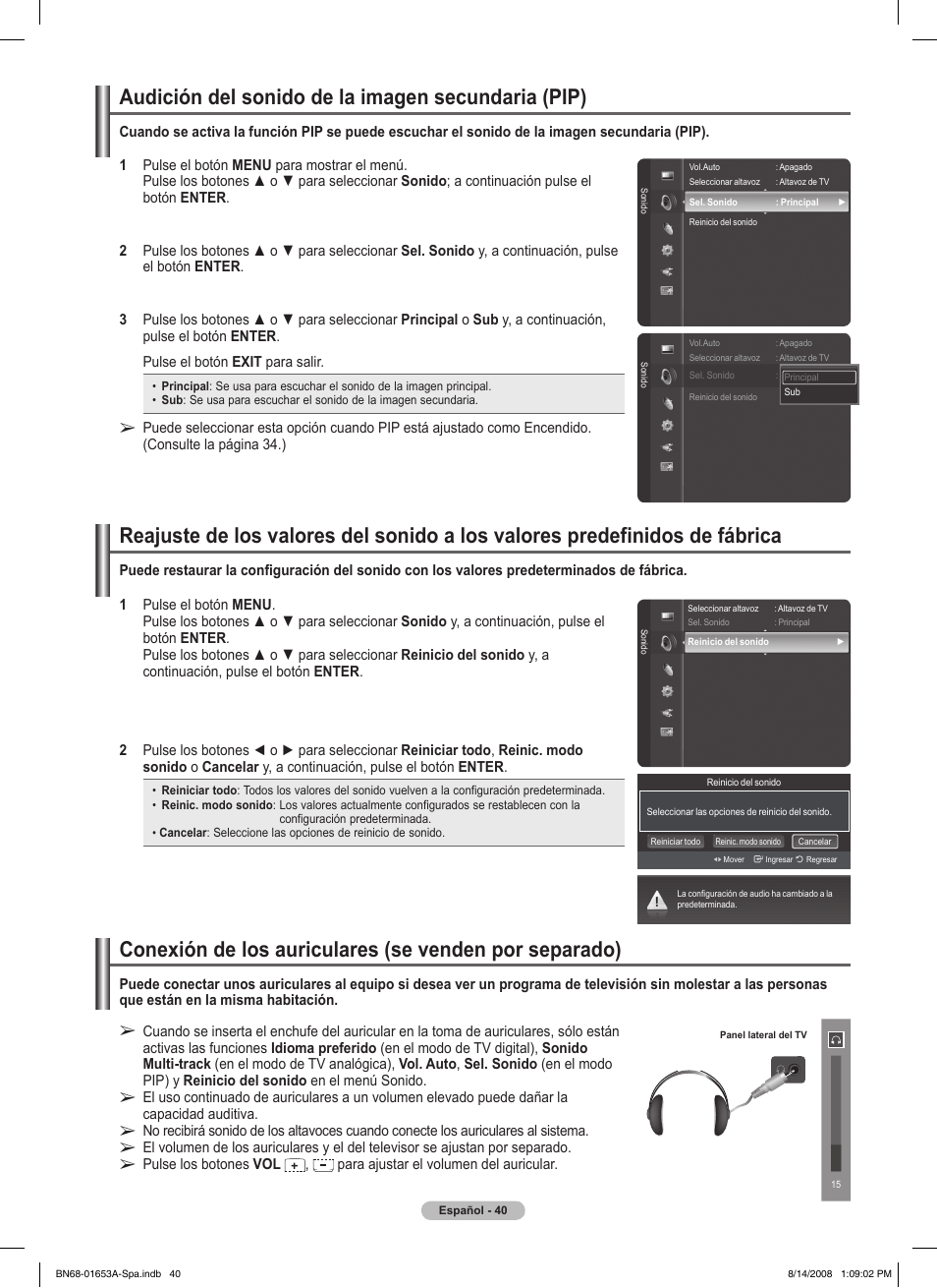 Audición del sonido de la imagen secundaria (pip) | Samsung PN63A760T1FXZA User Manual | Page 184 / 282