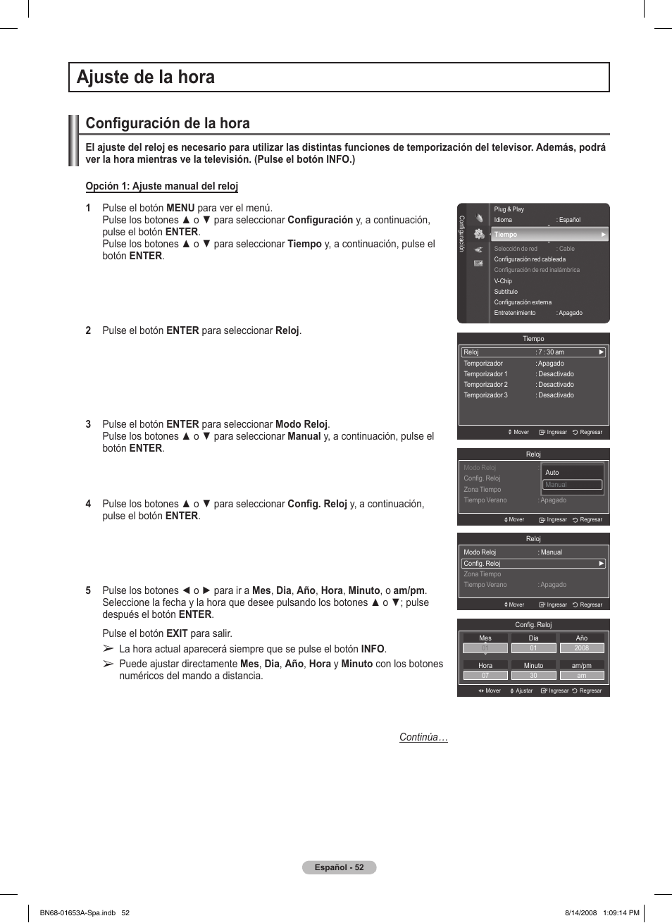 Ajuste de la hora, Configuración de la hora | Samsung PN63A760T1FXZA User Manual | Page 196 / 282
