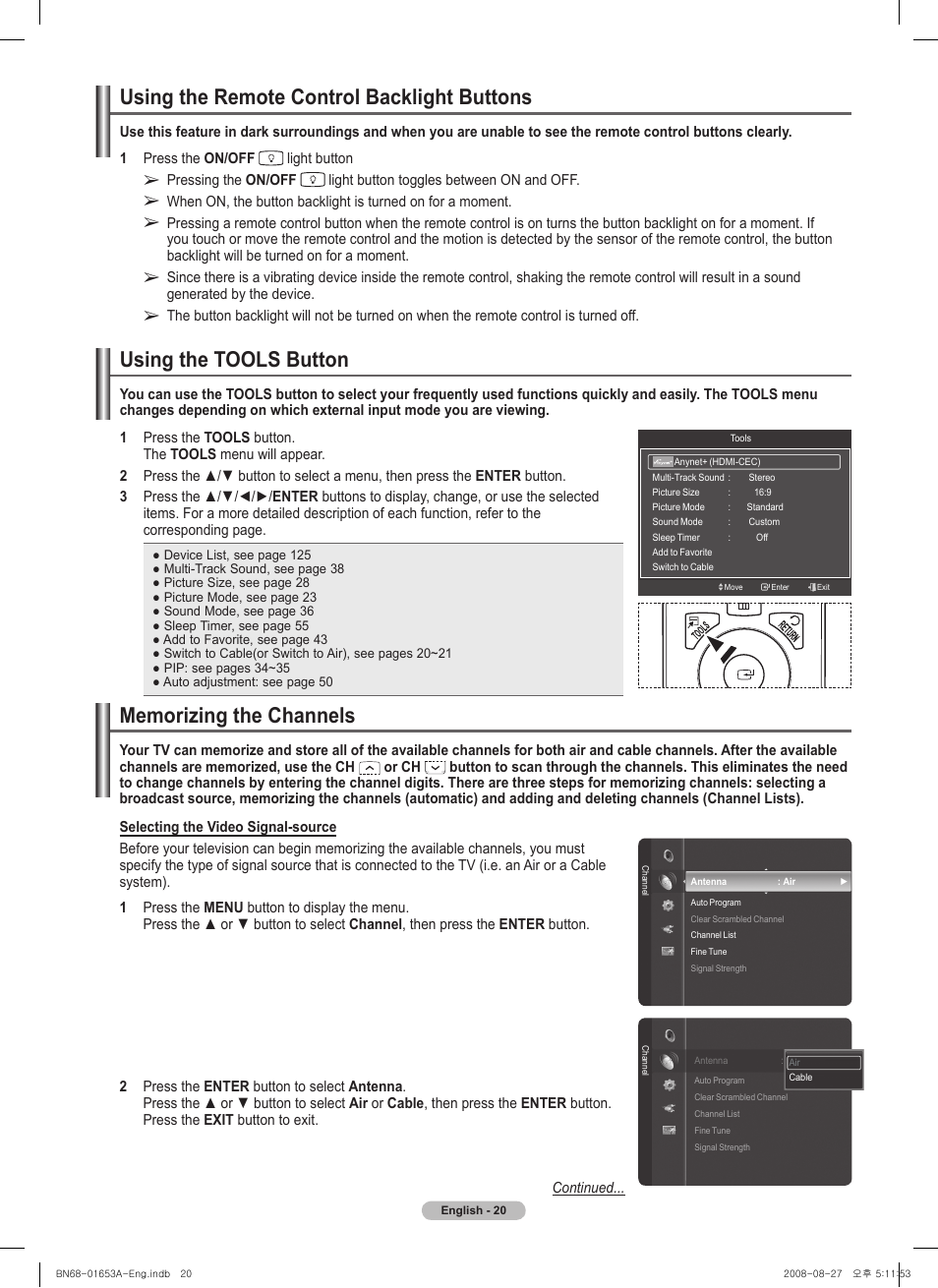 Using the remote control backlight buttons, Using the tools button, Memorizing the channels | Samsung PN63A760T1FXZA User Manual | Page 20 / 282