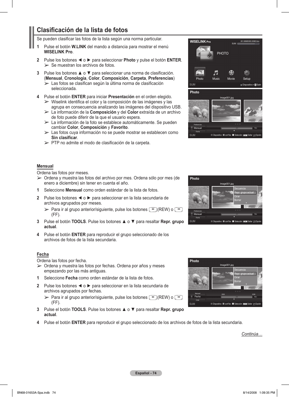 Clasificación de la lista de fotos, Rew) o | Samsung PN63A760T1FXZA User Manual | Page 218 / 282
