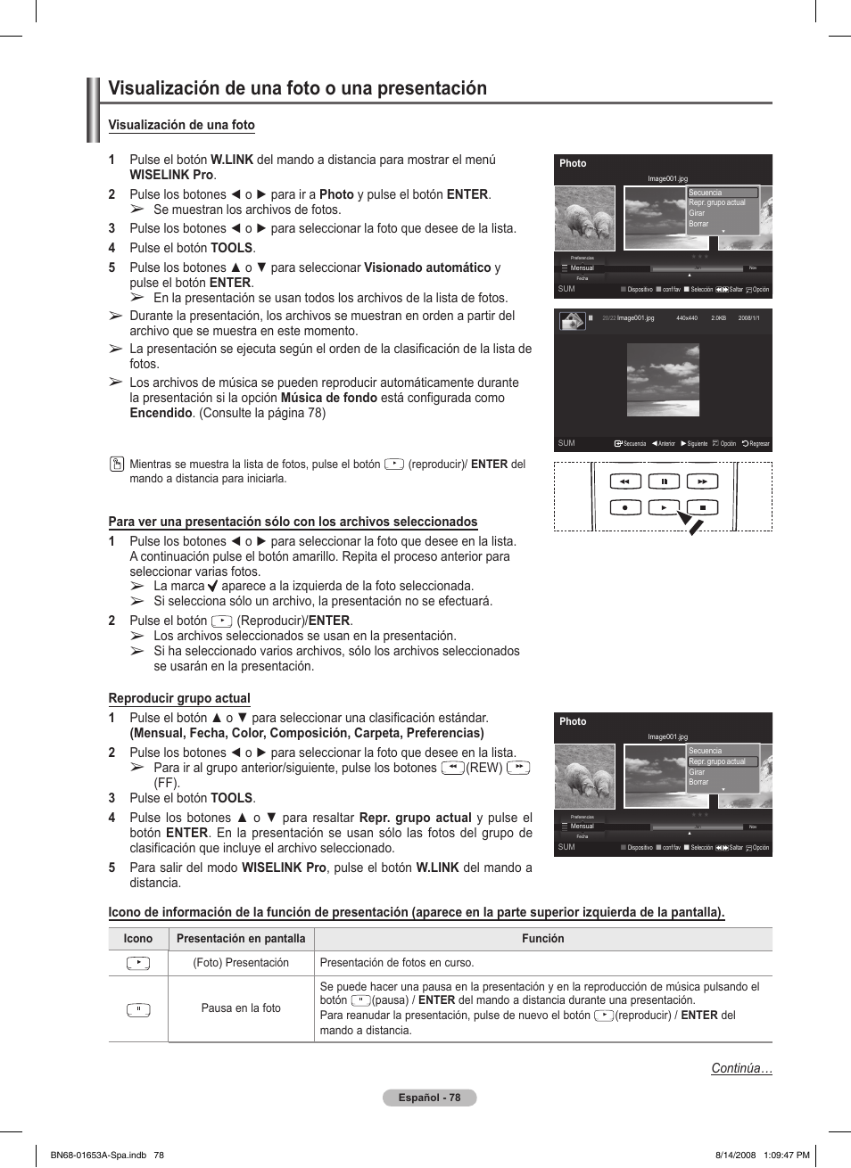 Visualización de una foto o una presentación, Reproducir)/ enter, Rew) | Samsung PN63A760T1FXZA User Manual | Page 222 / 282