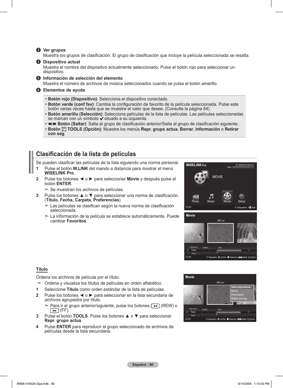 Clasificación de la lista de películas | Samsung PN63A760T1FXZA User Manual | Page 234 / 282