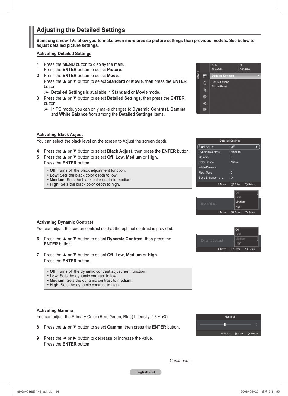Adjusting the detailed settings | Samsung PN63A760T1FXZA User Manual | Page 24 / 282