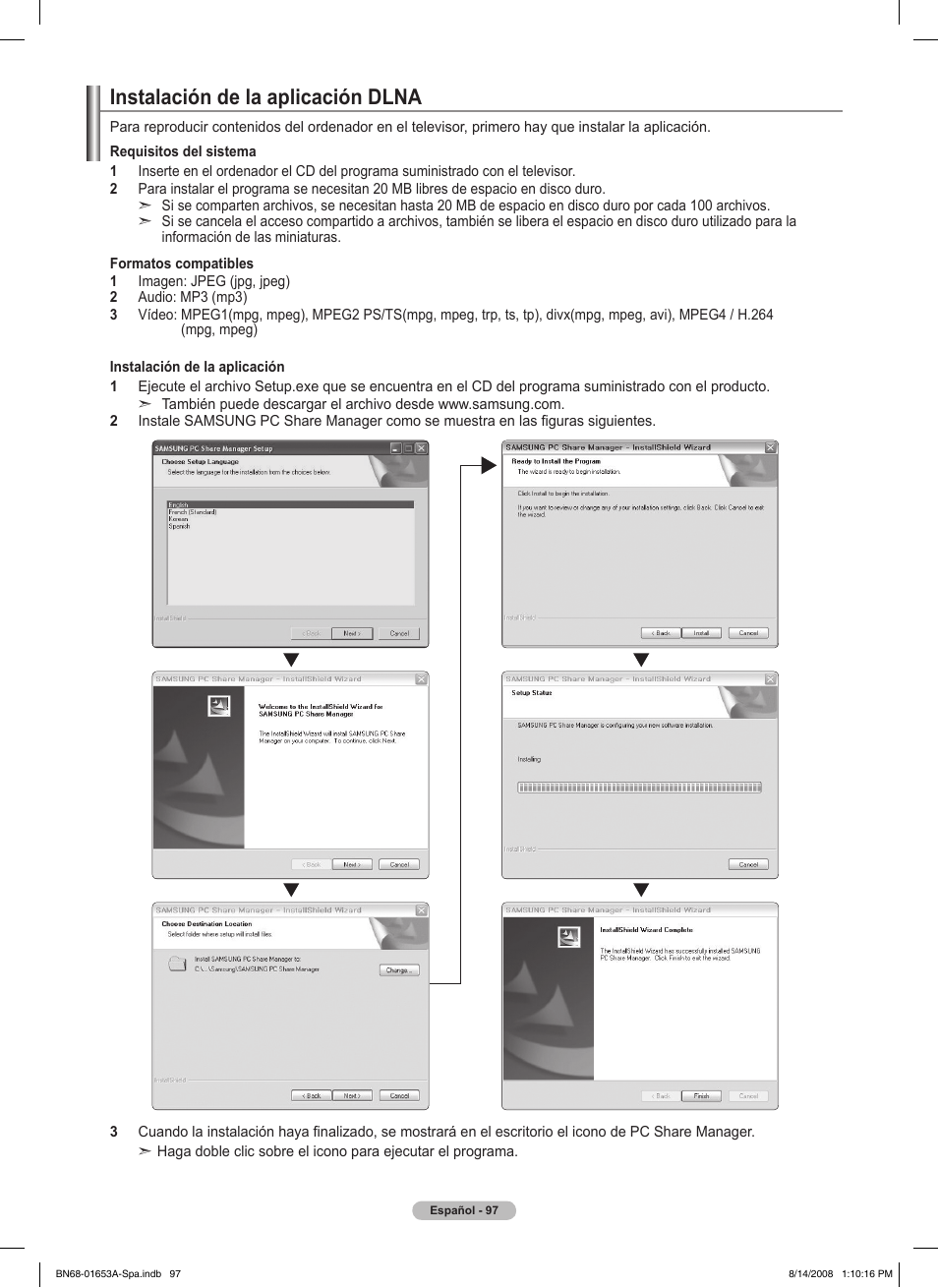 Instalación de la aplicación dlna | Samsung PN63A760T1FXZA User Manual | Page 241 / 282