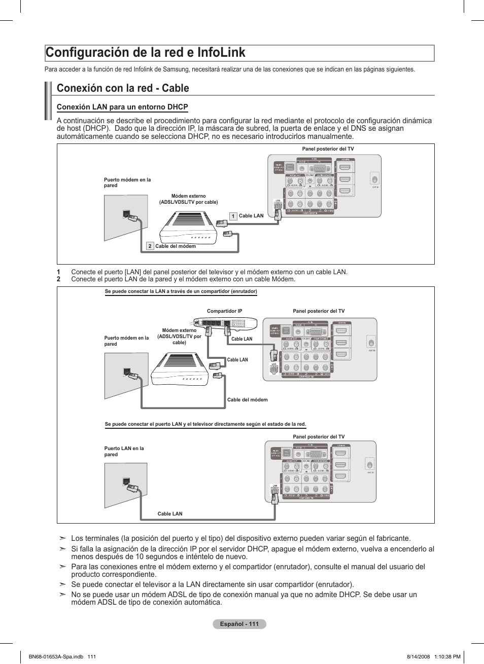 Configuración de la red e infolink, Conexión con la red - cable | Samsung PN63A760T1FXZA User Manual | Page 255 / 282