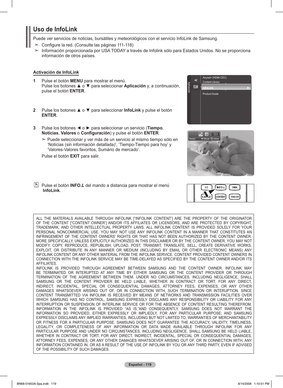 Uso de infolink | Samsung PN63A760T1FXZA User Manual | Page 263 / 282