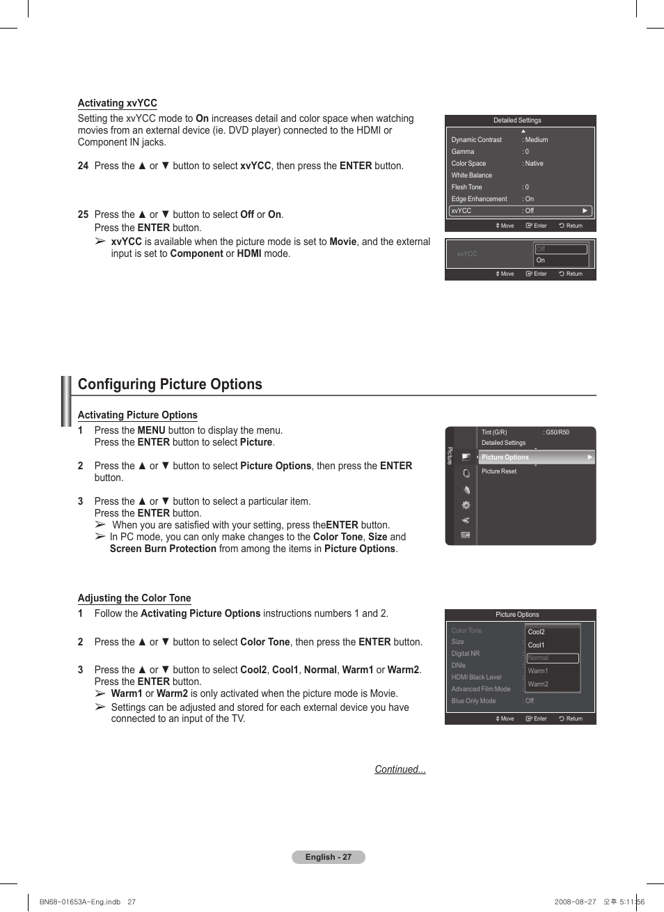 Configuring picture options | Samsung PN63A760T1FXZA User Manual | Page 27 / 282
