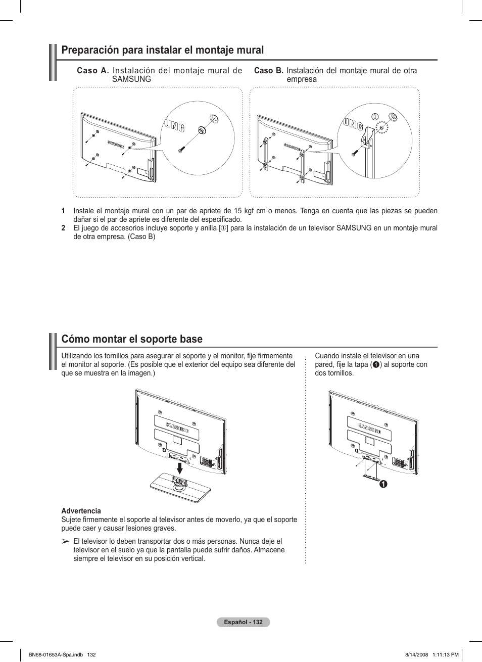 Cómo montar el soporte base, Preparación para instalar el montaje mural | Samsung PN63A760T1FXZA User Manual | Page 276 / 282