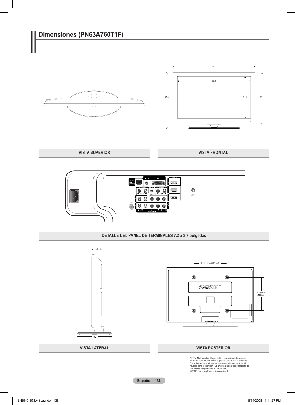 Esta página se ha dejado en blanco expresamente, Dimensiones (pna0t1f) | Samsung PN63A760T1FXZA User Manual | Page 280 / 282