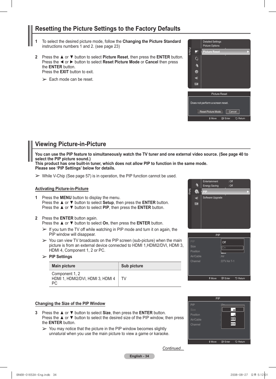 Viewing picture-in-picture | Samsung PN63A760T1FXZA User Manual | Page 34 / 282