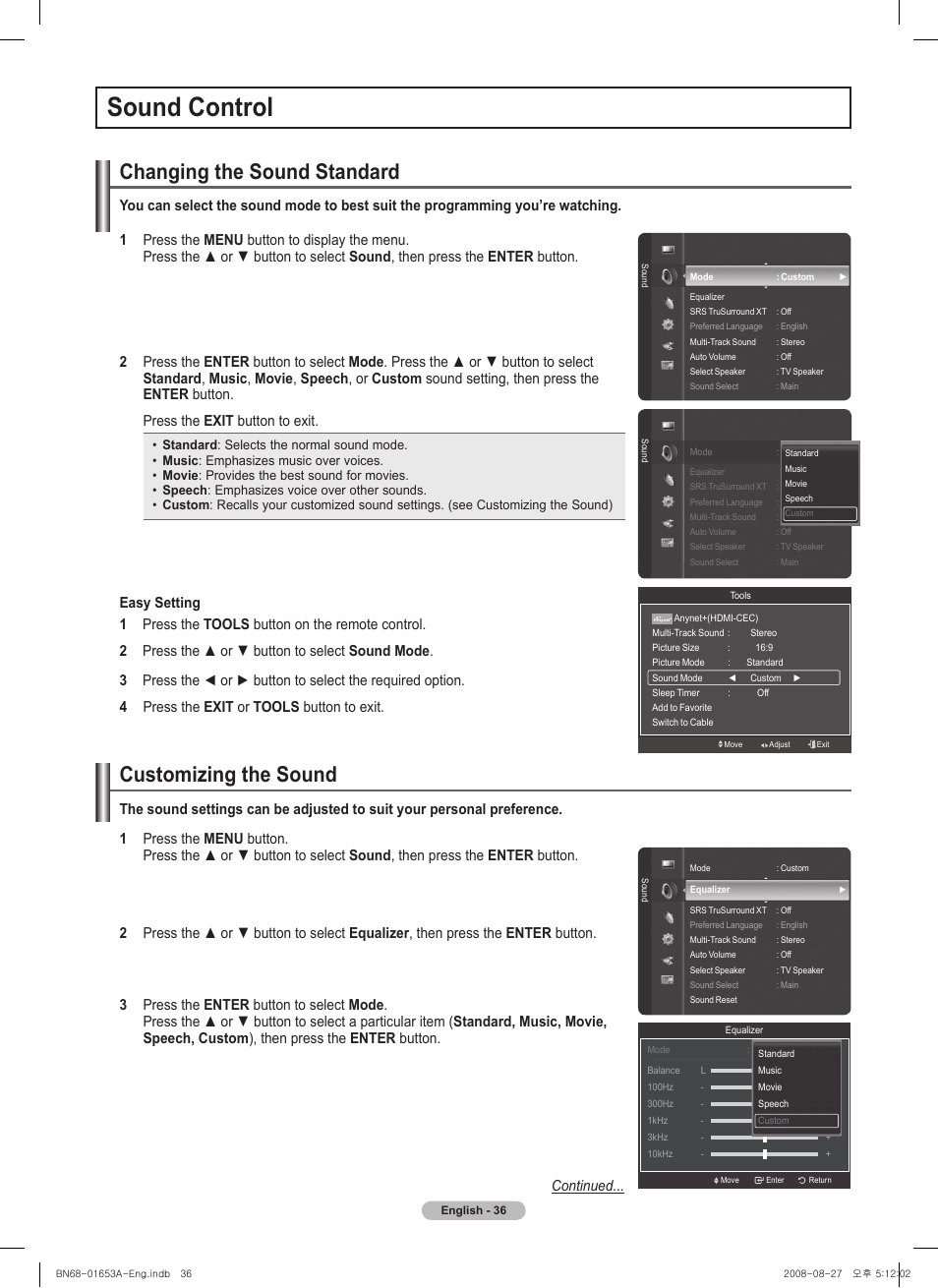 Sound control, Changing the sound standard, Customizing the sound | Samsung PN63A760T1FXZA User Manual | Page 36 / 282