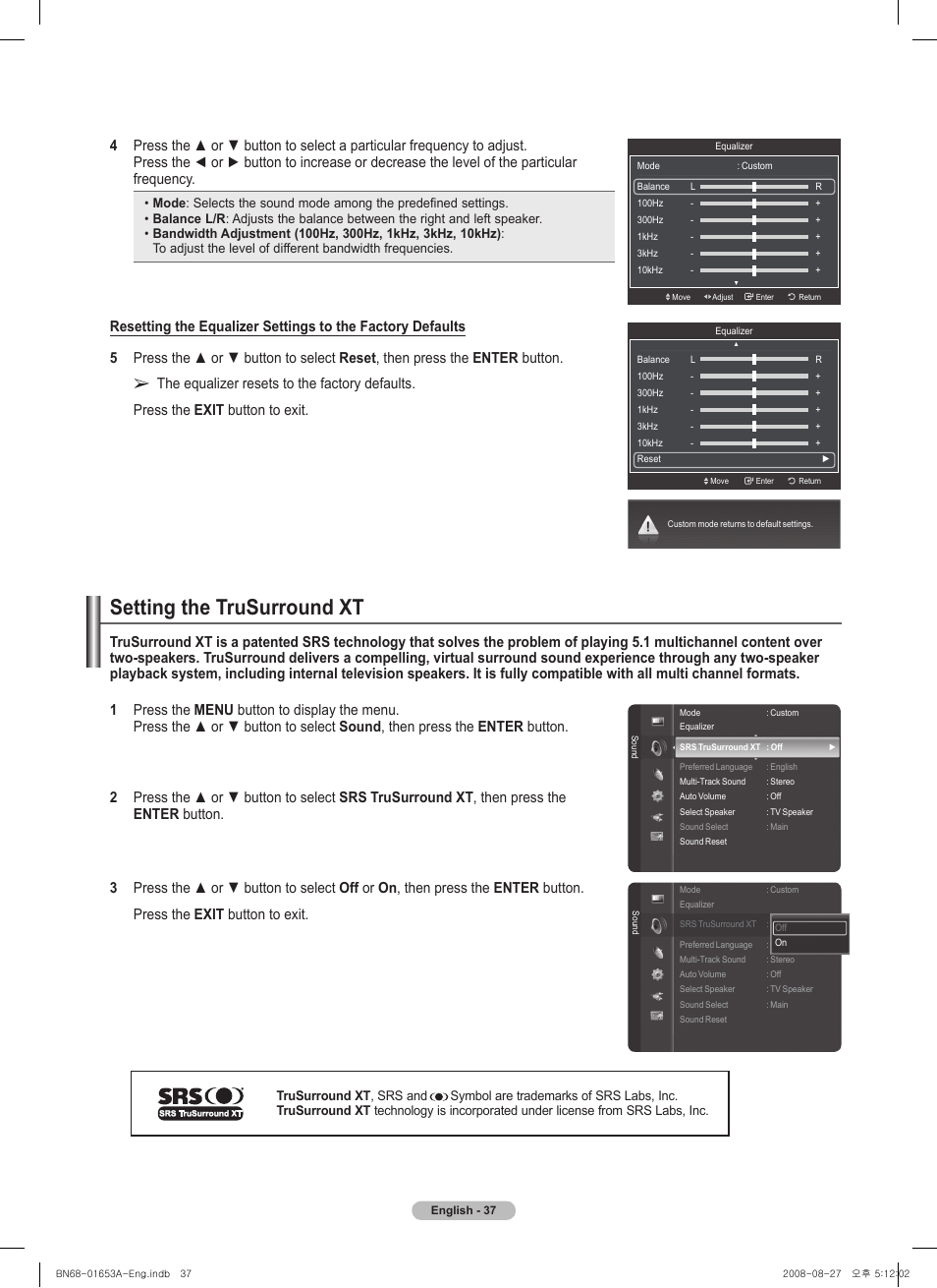 Setting the trusurround xt | Samsung PN63A760T1FXZA User Manual | Page 37 / 282