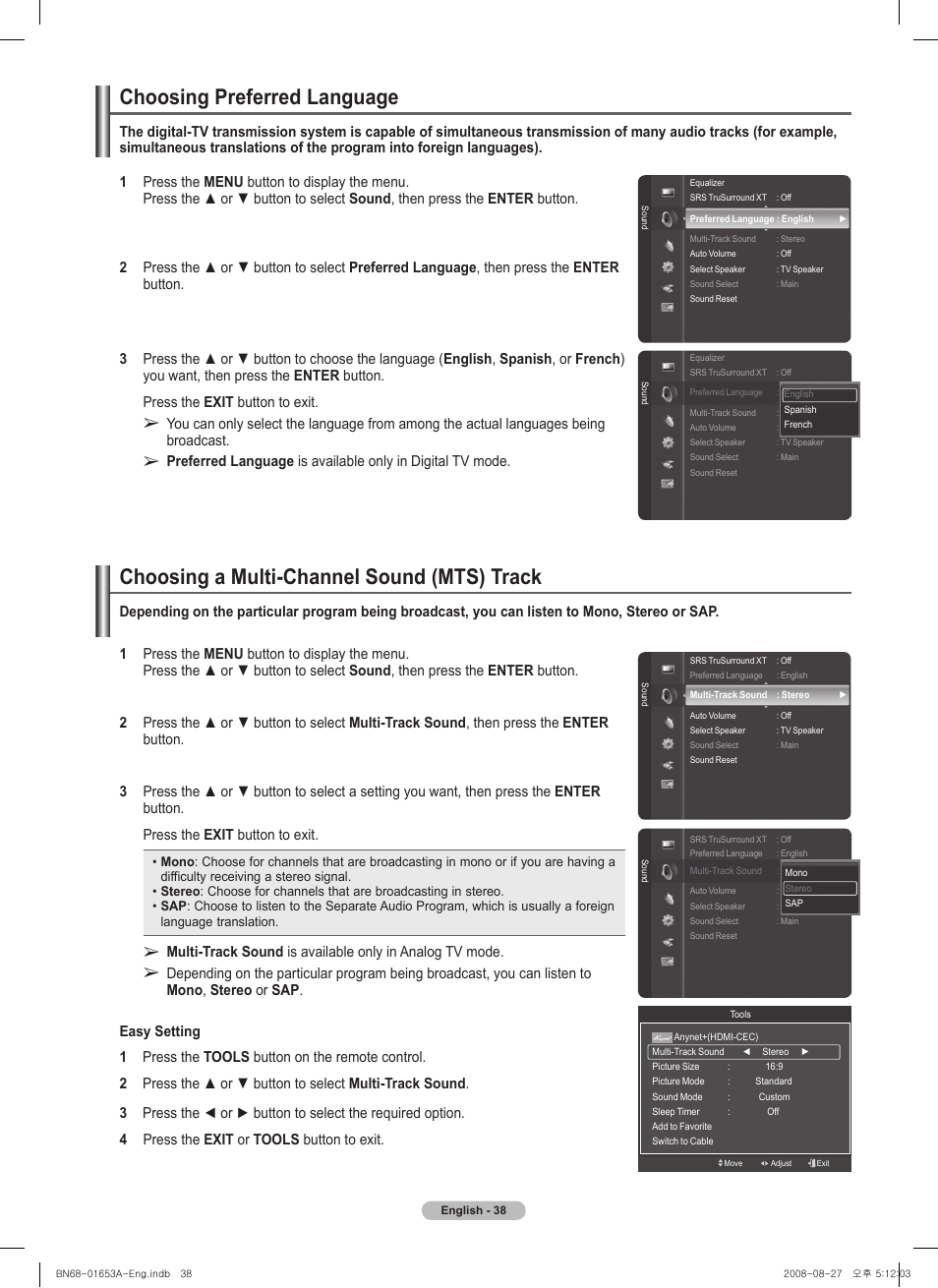 Choosing preferred language, Choosing a multi-channel sound (mts) track | Samsung PN63A760T1FXZA User Manual | Page 38 / 282