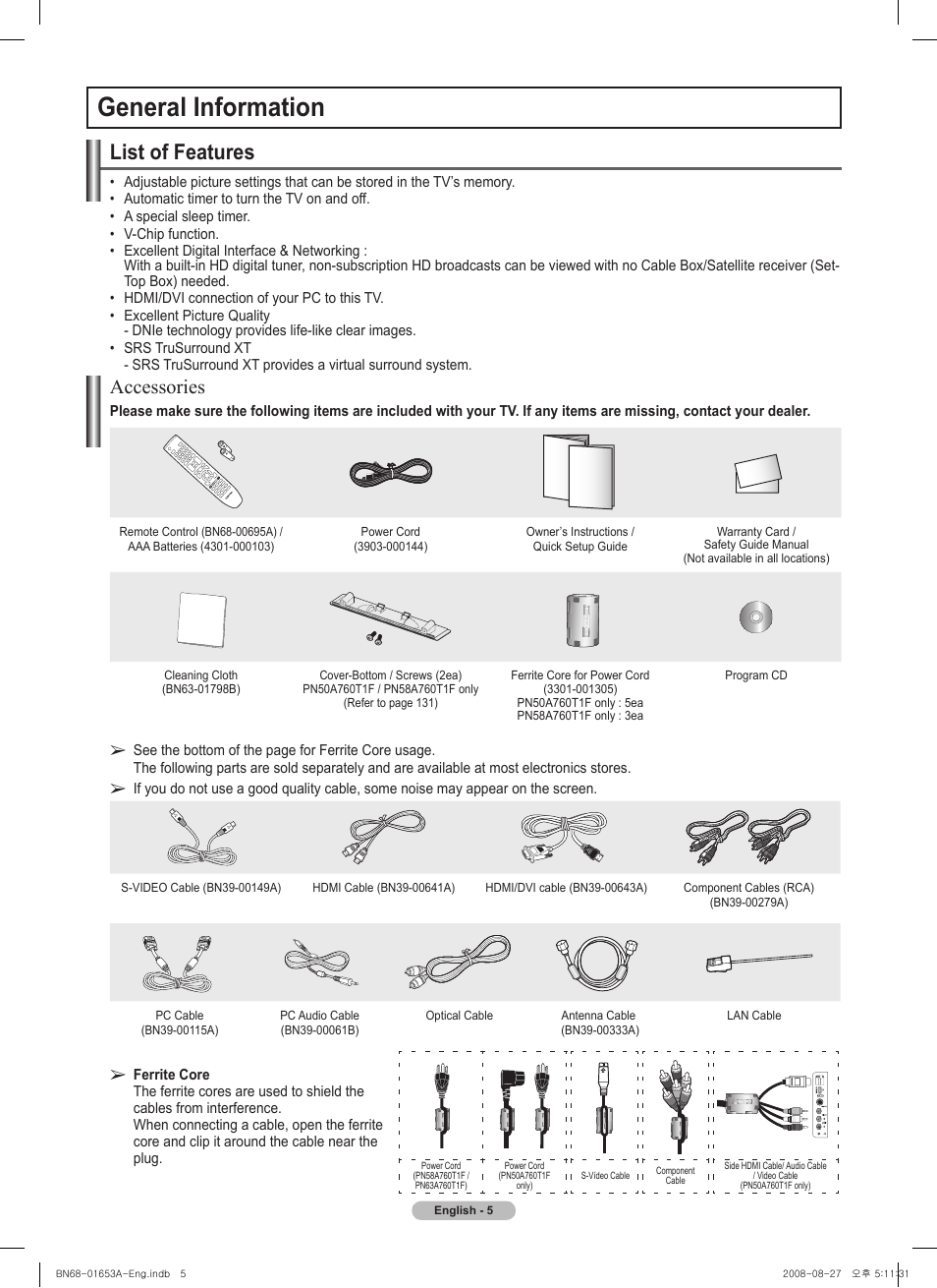General information, List of features, Accessories | Samsung PN63A760T1FXZA User Manual | Page 5 / 282