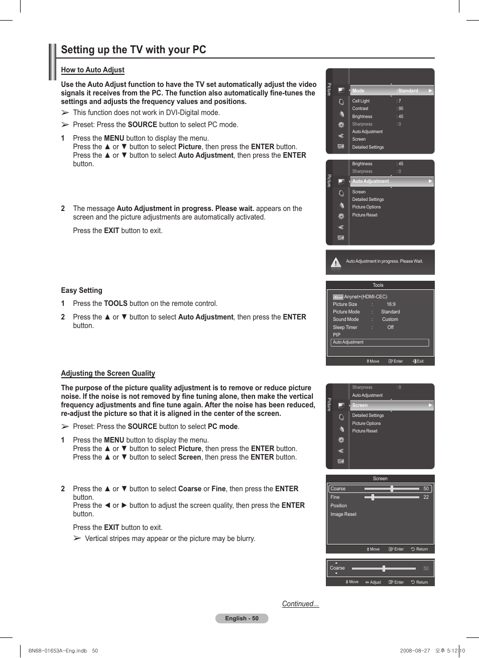 Setting up the tv with your pc | Samsung PN63A760T1FXZA User Manual | Page 50 / 282