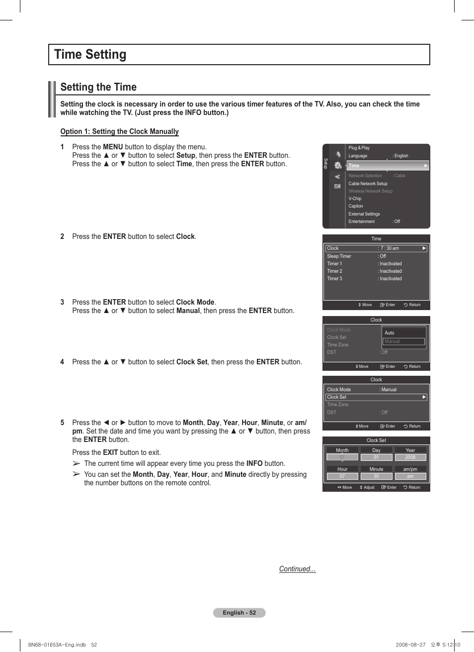 Time setting, Setting the time | Samsung PN63A760T1FXZA User Manual | Page 52 / 282