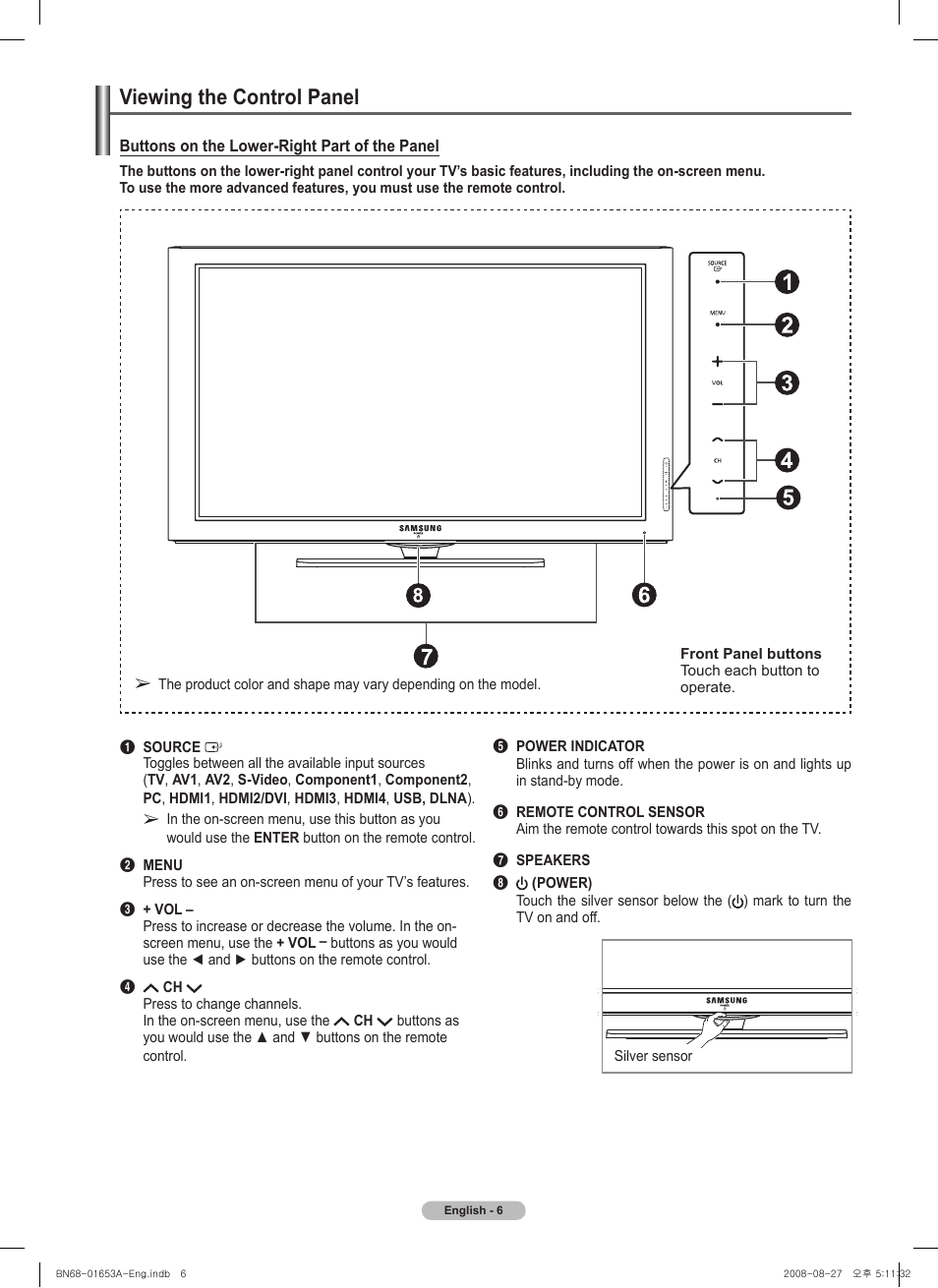 Viewing the control panel | Samsung PN63A760T1FXZA User Manual | Page 6 / 282