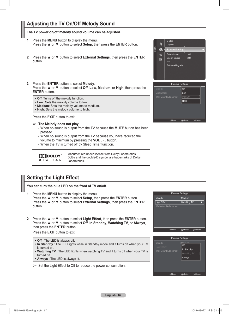 Adjusting the tv on/off melody sound, Setting the light effect | Samsung PN63A760T1FXZA User Manual | Page 67 / 282